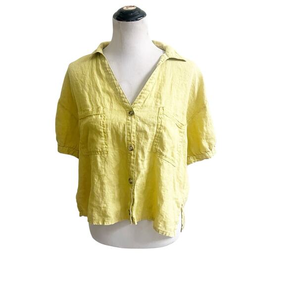 PILCRO Anthropologie 100% Linen Surf Button Down Short Sleeve Shirt Yellow Med - Picture 4 of 13